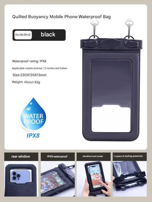 IPX8 Waterproof Phone Pouch with Inflatable Floating Layer,Touchscreen Dry Bag for Swimming(black)