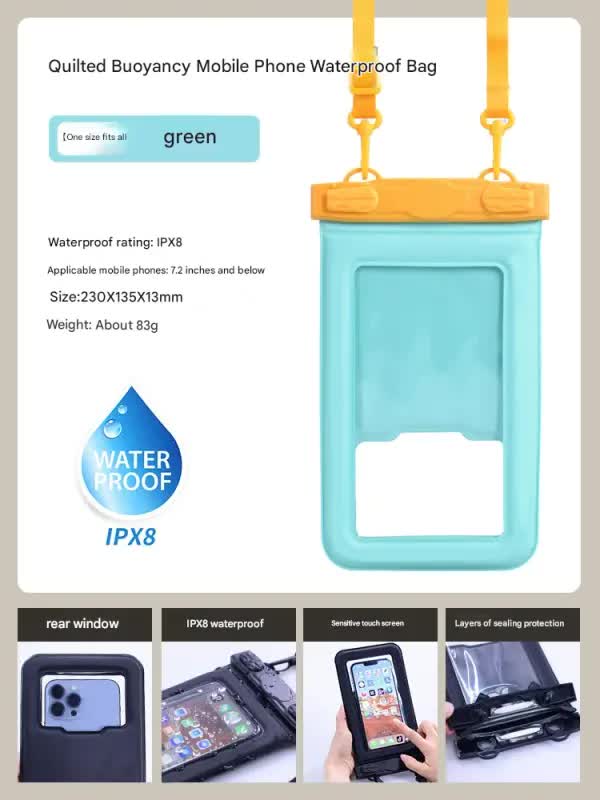 IPX8 Waterproof Phone Pouch with Inflatable Floating Layer,Touchscreen Dry Bag for Swimming(green)