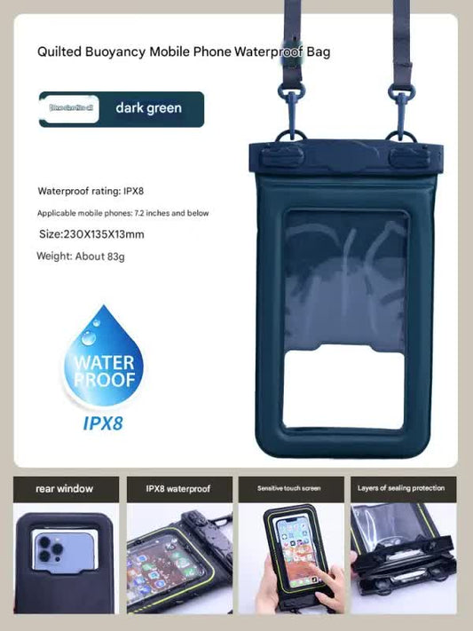 IPX8 Waterproof Phone Pouch with Inflatable Floating Layer,Touchscreen Dry Bag for Swimming(dark green)