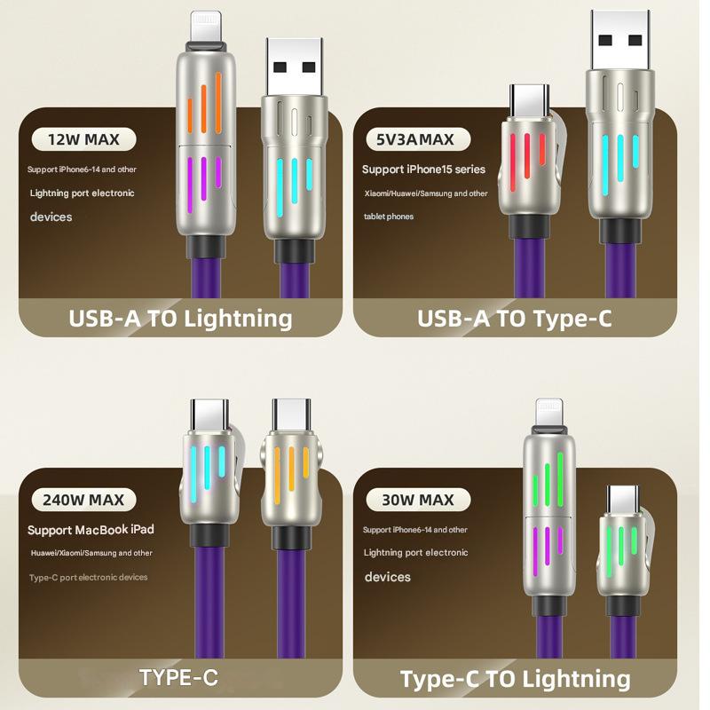 Universal PD Fast Charging Cable with LED Indicator - Zinc Alloy, Durable 1.5m Silicone Cord - Multiple Connector Options(purple)