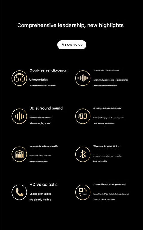 Open-Ear Conduction TWS Earbuds - Bluetooth 5.4, 9D Surround Sound, LED Display, Long Battery Life(White)