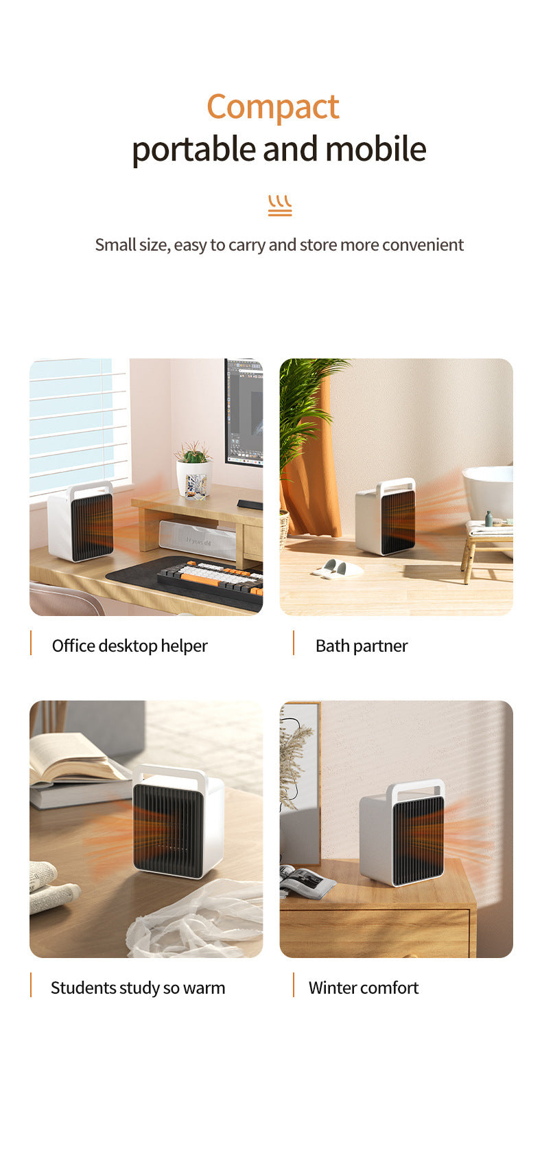 White Mini Table Heater - with tip-over and overheating protection, suitable for office and home