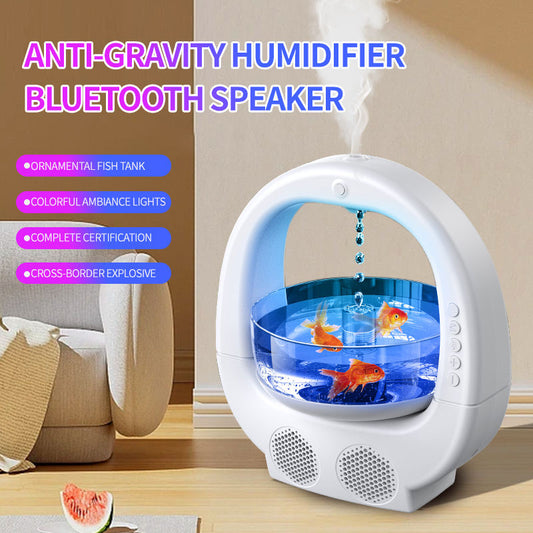 White 3-in-1 Anti-Gravity Water Drop Humidifier with Bluetooth Speaker & LED Fish Tank Light