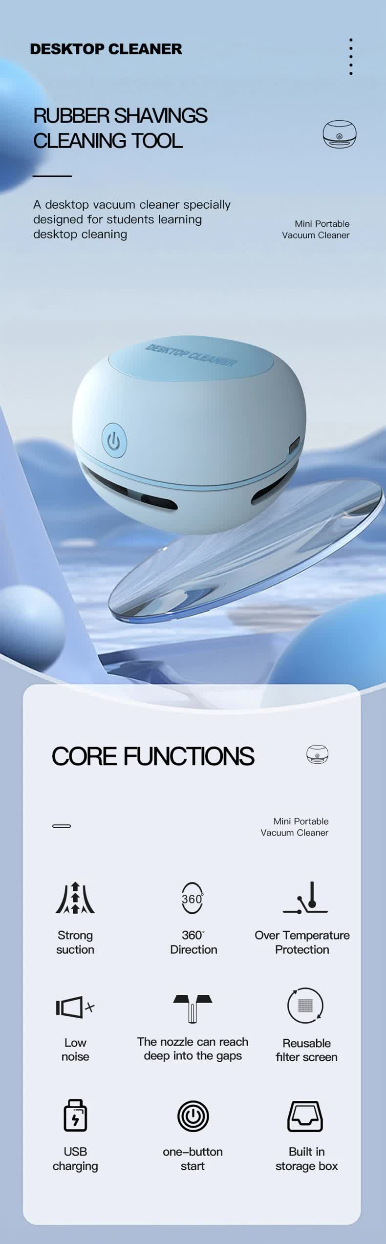 Blue Cordless Tabletop Crumb Sweeper - USB Rechargeable Mini Vacuum for Desk