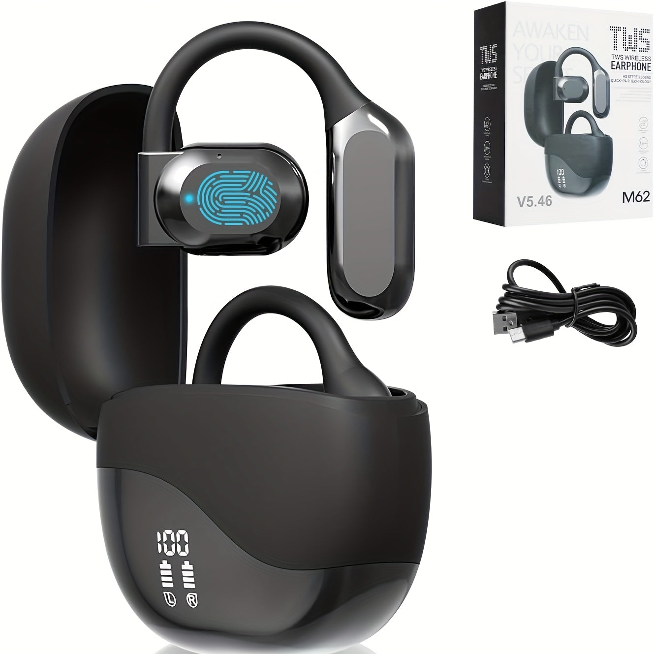 Black Comfortable Open-Ear Bluetooth Headset - Real-Time Translation, LED Display