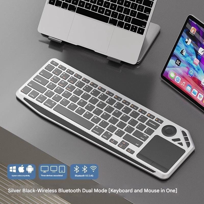 Silver And Black Slim Multi-Device Bluetooth Keyboard with Integrated Touchpad - Rechargeable Wireless Combo for PC Laptop Tablet Phone