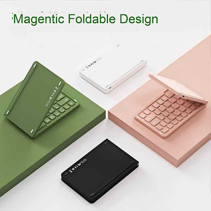 White Ultra-Slim Foldable Bluetooth Keyboard - Portable Wireless Rechargeable Travel Keyboard for iOS Android Windows Devices