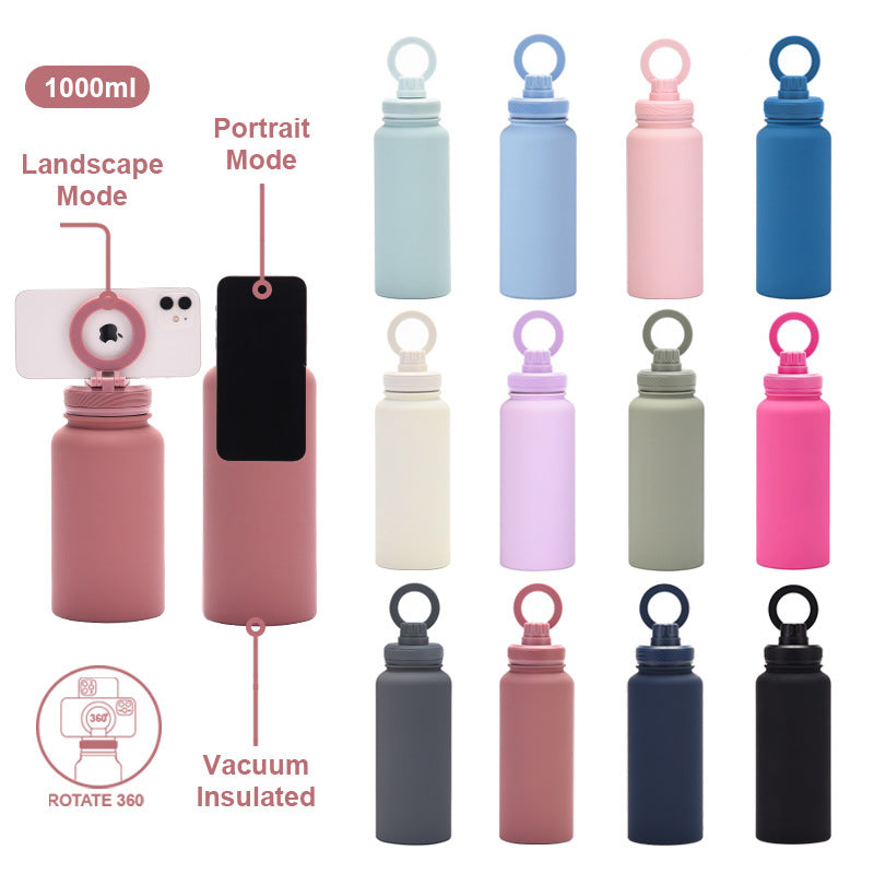 Matcha Green 1L Stainless Steel Water Bottle with Magnetic Phone Holder Lid - Portable Hydration & Hands-Free Stand