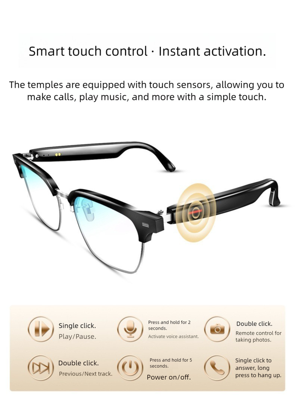 Black Half Frame Sunglasses Smart Audio Glasses with Bluetooth 5.0 - Open-Ear Directional Sound, Anti-Blue Light Lenses, IP65 Water Resistant