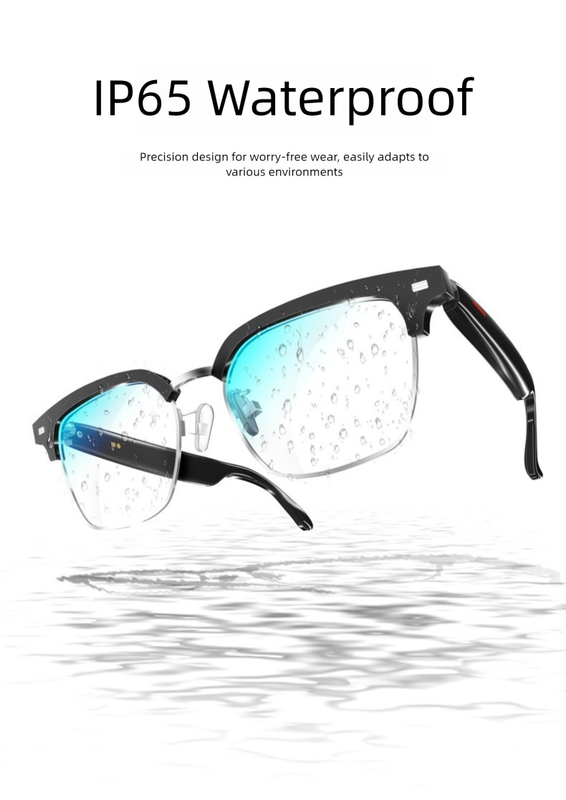 Black Half Frame Sunglasses Smart Audio Glasses with Bluetooth 5.0 - Open-Ear Directional Sound, Anti-Blue Light Lenses, IP65 Water Resistant