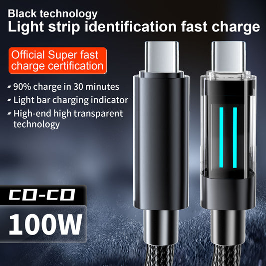 2 Pcs Black 100W C-C Super Fast Charging Data Cable with Smart LED Indicator - 2M Braided Cord