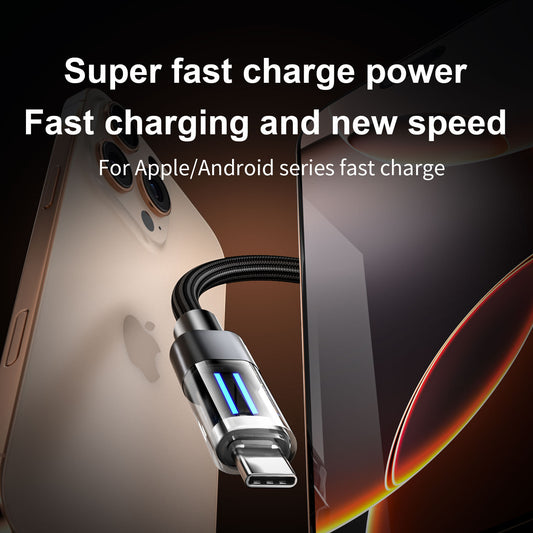 2 Pcs Black 100W C-C Super Fast Charging Data Cable with Smart LED Indicator - 2M Braided Cord