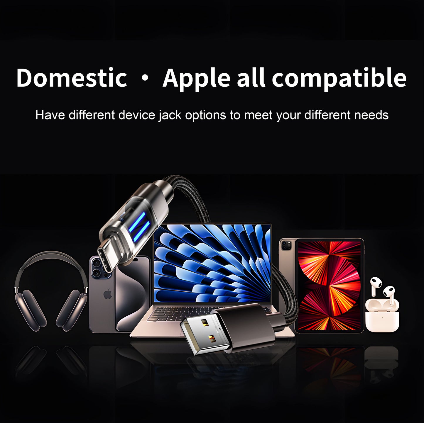 2 Pcs Black 100W C-C Super Fast Charging Data Cable with Smart LED Indicator - 2M Braided Cord