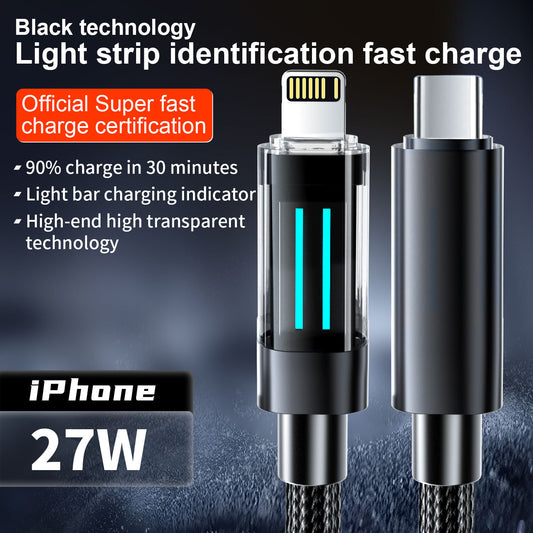 2 Pcs Black 27W USB-C to Lightning Fast Charging Cable with Smart LED Indicator - Braided Cord for iPhone & iPad