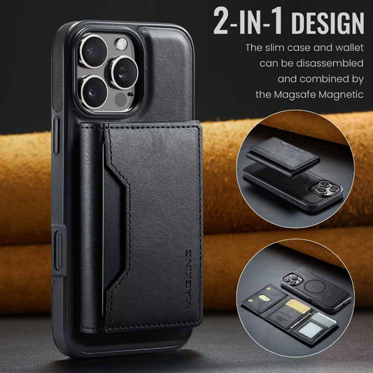 Black Premium MagSafe Wallet Case for iPhone 16 Pro Max - Detachable PU Leather Magnetic Card Holder