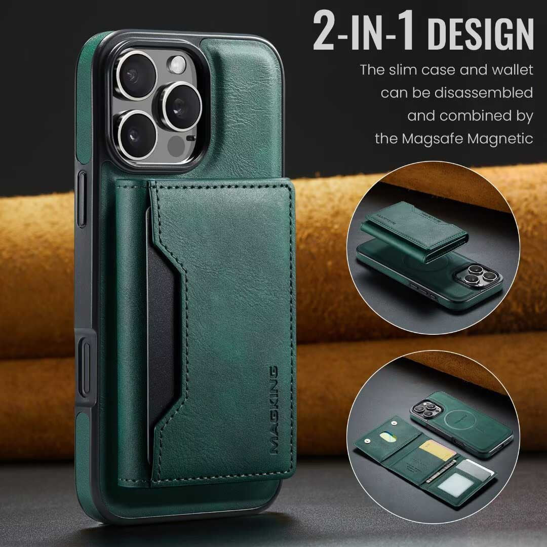 Green Premium MagSafe Wallet Case for iPhone 16 Pro Max - Detachable PU Leather Magnetic Card Holder