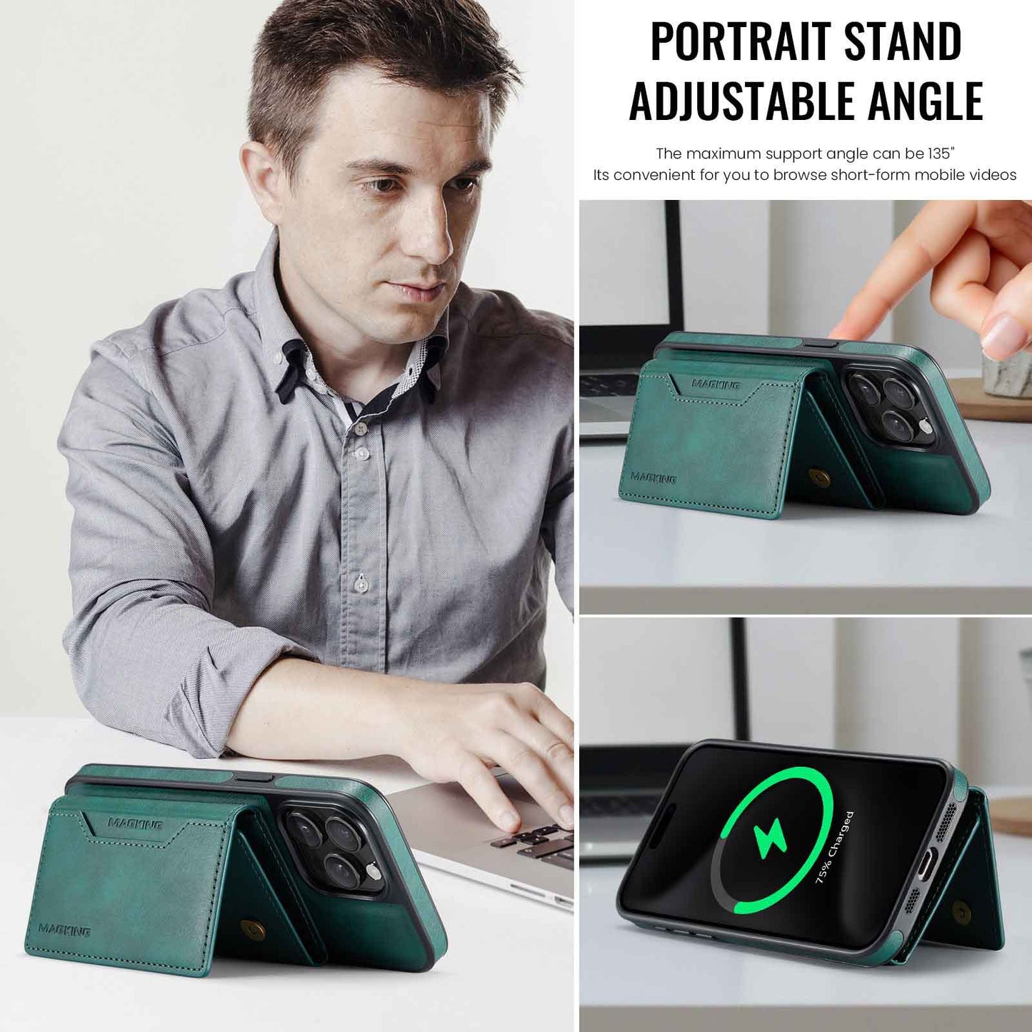 Green Premium MagSafe Wallet Case for iPhone 16 Pro Max - Detachable PU Leather Magnetic Card Holder