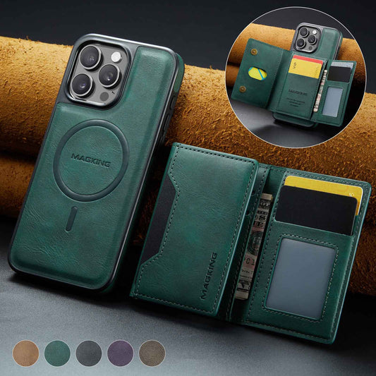 Green Premium MagSafe Wallet Case for iPhone 16 Pro - Detachable PU Leather Magnetic Card Holder