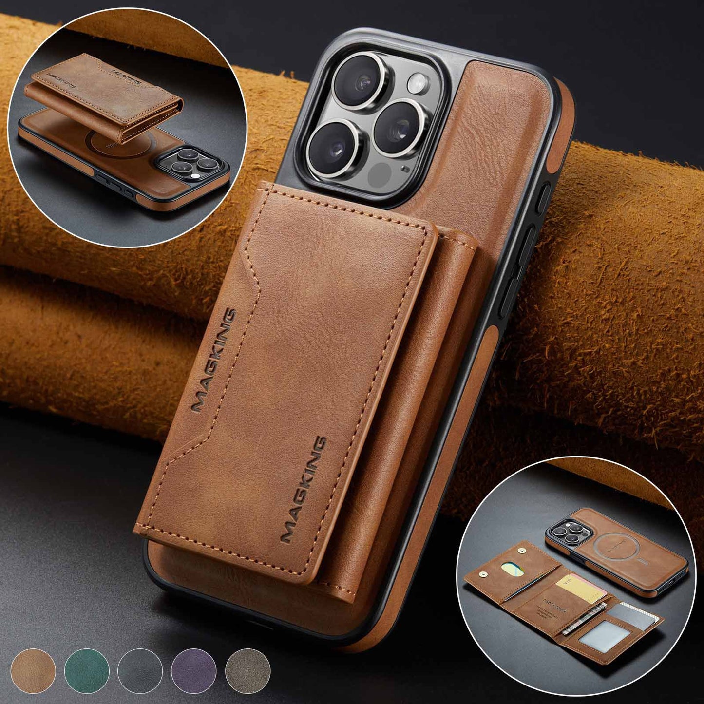 Brown Premium MagSafe Wallet Case for iPhone 16 Pro - Detachable PU Leather Magnetic Card Holder