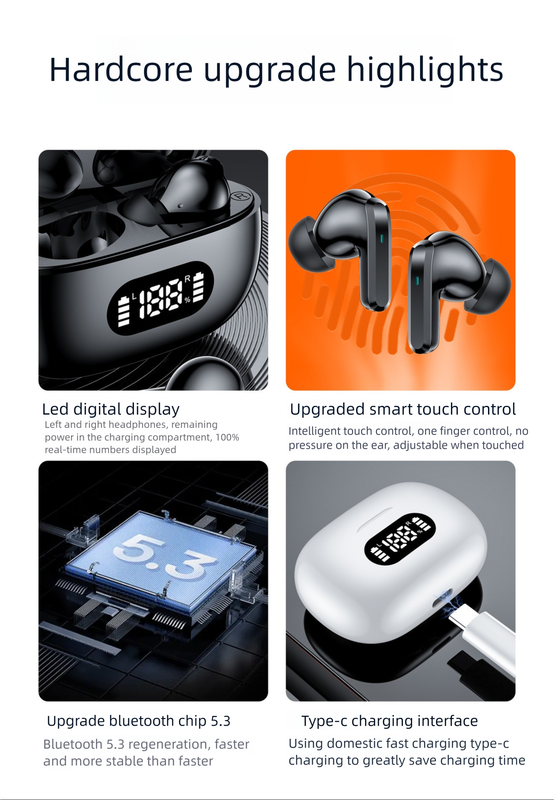 Black ProBeat X5 TWS Earbuds: Bluetooth 5.3, LED Smart Display Case, Intuitive Touch Controls, Extended Playtime