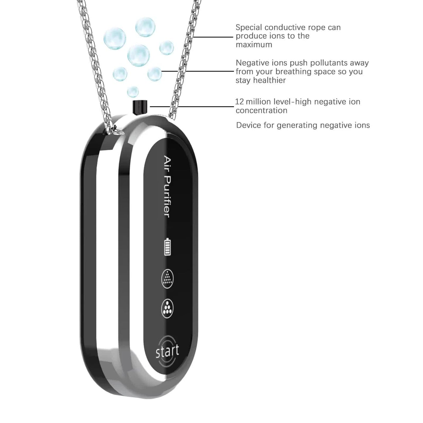 Black Personal Wearable Air Purifier Necklace - USB Rechargeable Ionizer for Cleaner Air On-The-Go