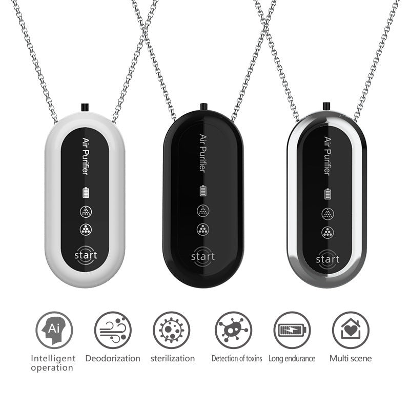 White and Black Personal Wearable Air Purifier Necklace - USB Rechargeable Ionizer for Cleaner Air On-The-Go