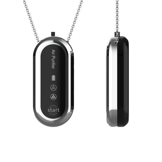 Silver and Black Personal Wearable Air Purifier Necklace - USB Rechargeable Ionizer for Cleaner Air On-The-Go