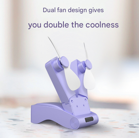 Purple Creative Dual-Head Folding Handheld Fan - USB Rechargeable, 3-Speed Strong Wind, 10.5x4.5x4cm