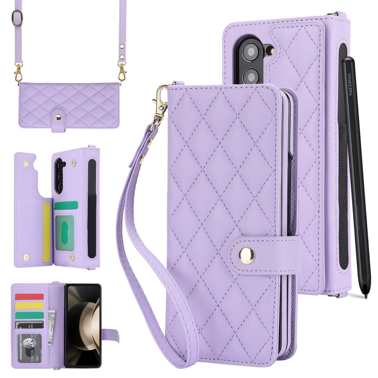 Purple Galaxy Z Fold6 Multi-Functional Leather Wallet Case for Samsung Z Fold Series - Crossbody with Pen Slot, Quilted Design Pen Not Included