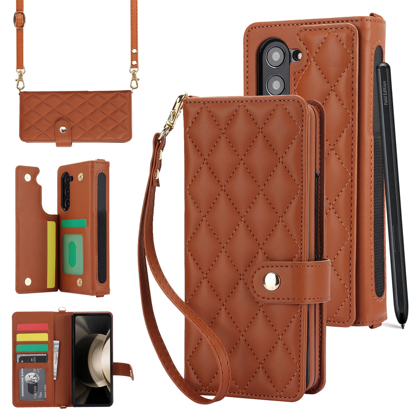 Brown Galaxy Z Fold6 Multi-Functional Leather Wallet Case for Samsung Z Fold Series - Crossbody with Pen Slot, Quilted Design Pen Not Included