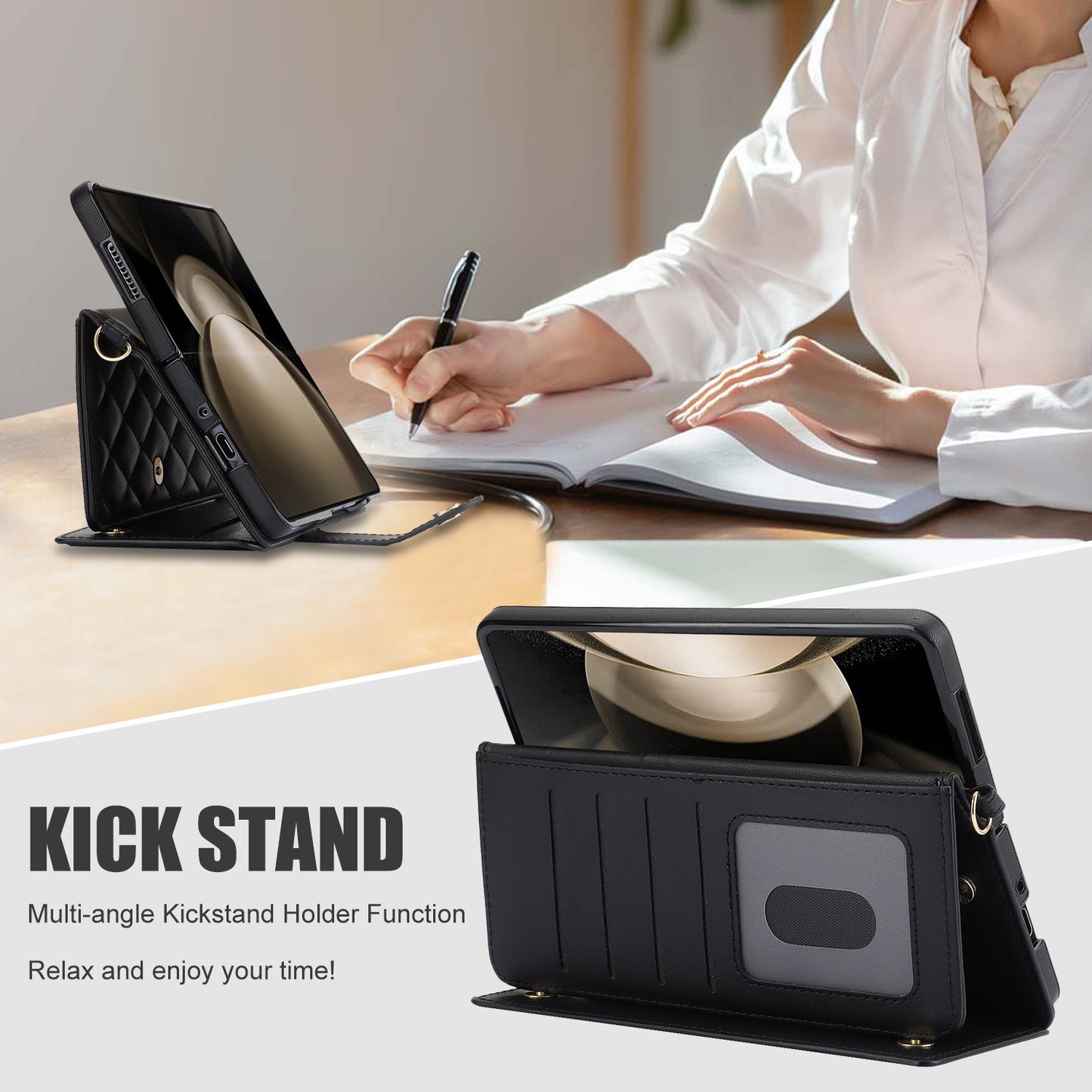 Brown Galaxy Z Fold6 Multi-Functional Leather Wallet Case for Samsung Z Fold Series - Crossbody with Pen Slot, Quilted Design Pen Not Included