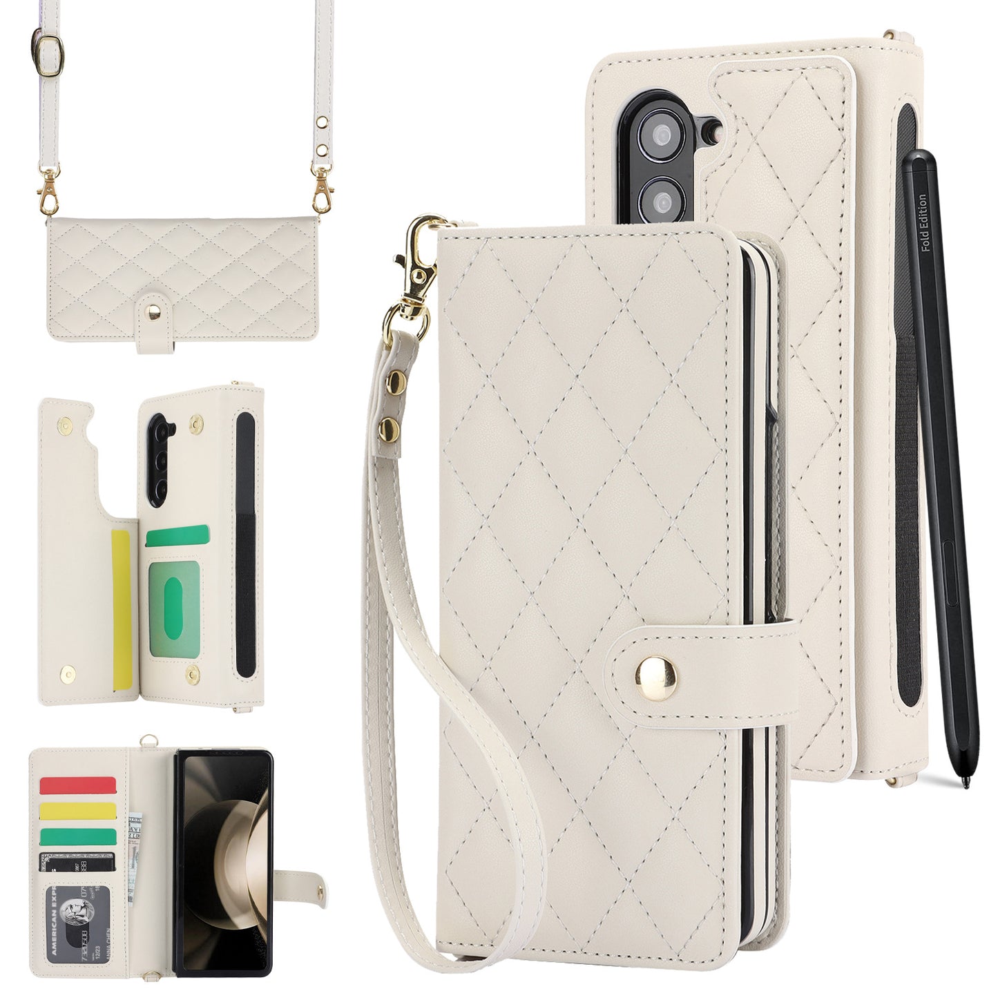 White Galaxy Z Fold4 Multi-Functional Leather Wallet Case for Samsung Z Fold Series - Crossbody with Pen Slot, Quilted Design Pen Not Included
