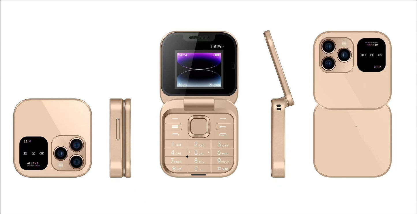 i16 Pro Mini Flip Phone - Dual SIM, AI Lens Digital Camera, Compact & Stylish Design(Gold)