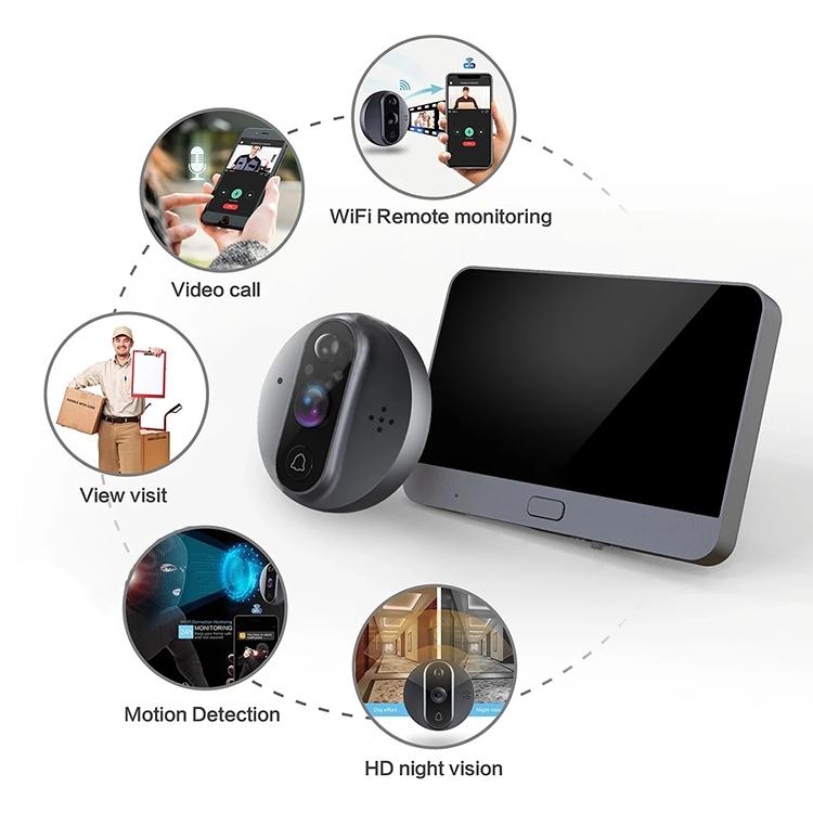 Smart Wifi Video Doorbell - 4.3 Inch Visual Peephole - Black-1915196509331263492